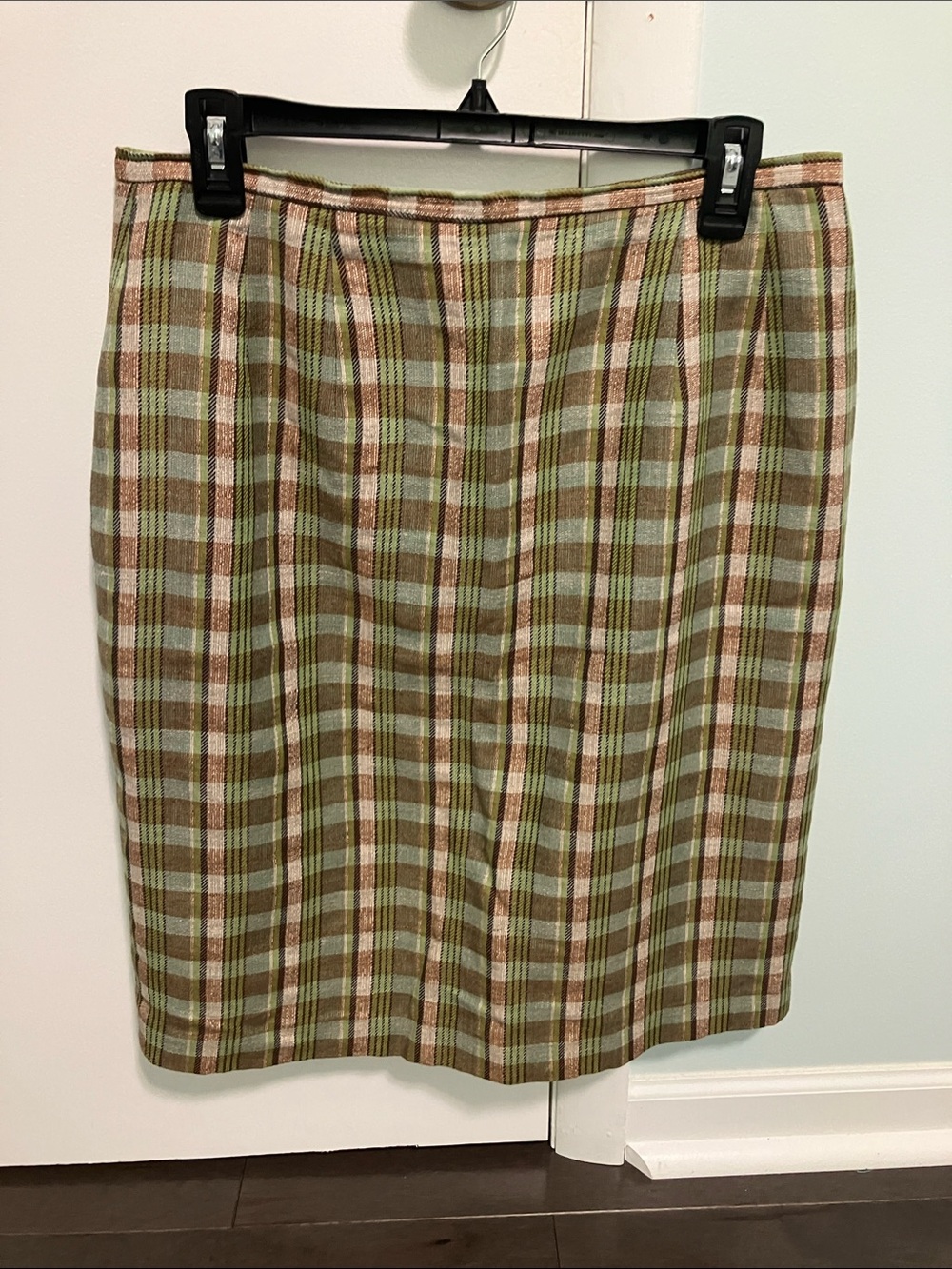 Harve Benard Linen/Cotton Blend Lined Green Plaid Pencil Skirt Size 14